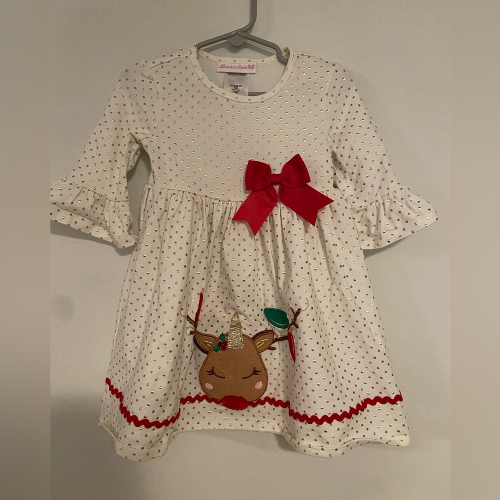 Bonnie Jean Reindeer/White Dress with Gold Dots